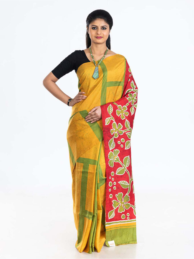 Yellow Batik Silk Saree with Red Pallu