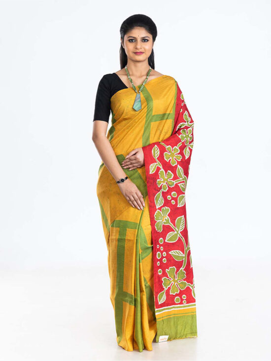 Yellow Batik Silk Saree with Red Pallu