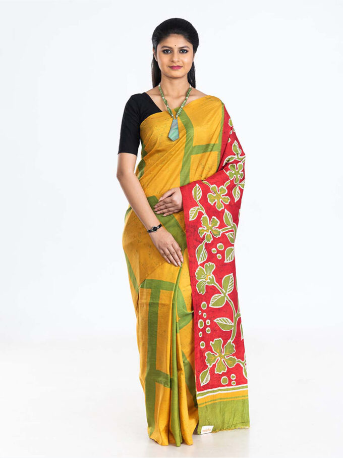 Yellow Batik Silk Saree with Red Pallu